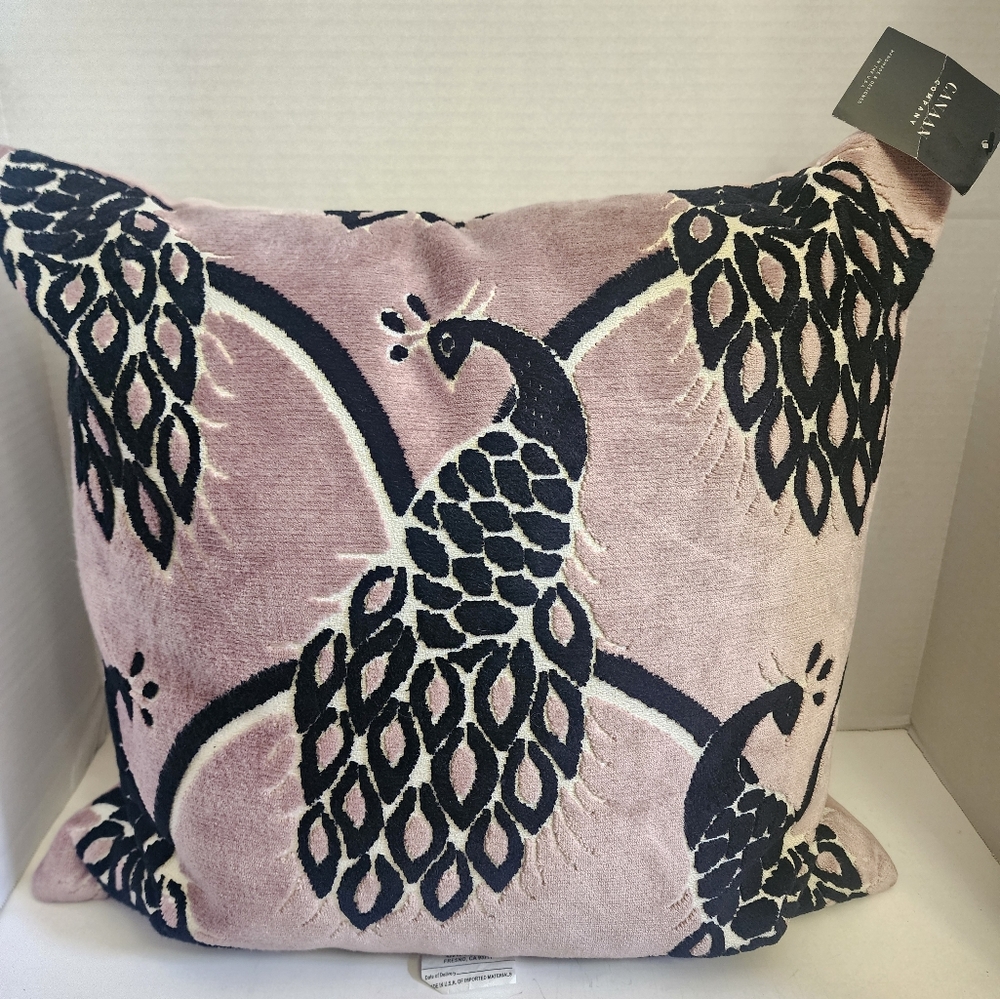 NWT Peacock Pillow Black, Cream and Rose Color  Velvet 20” Canaan Company